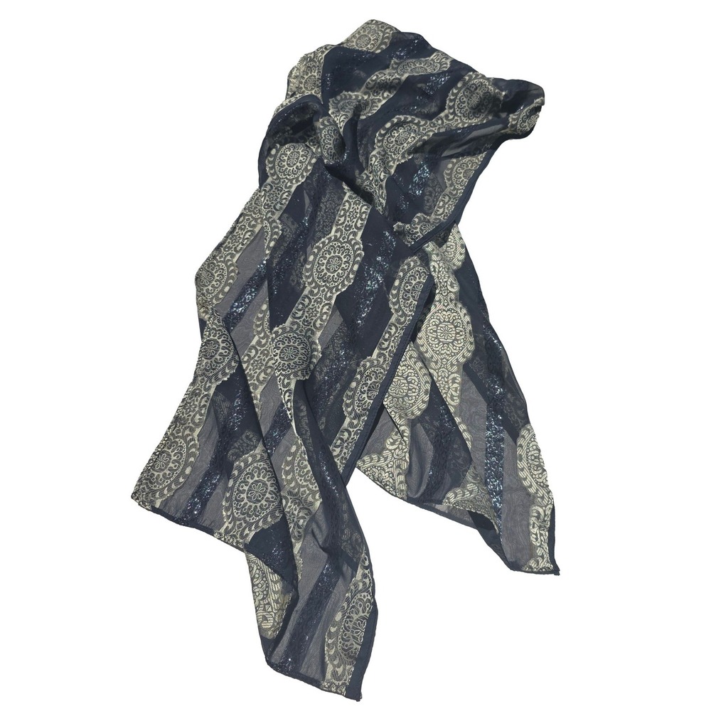 Black Gold Sheer Metallic Scarf Paisley Geometric Stripe Shawl Wrap